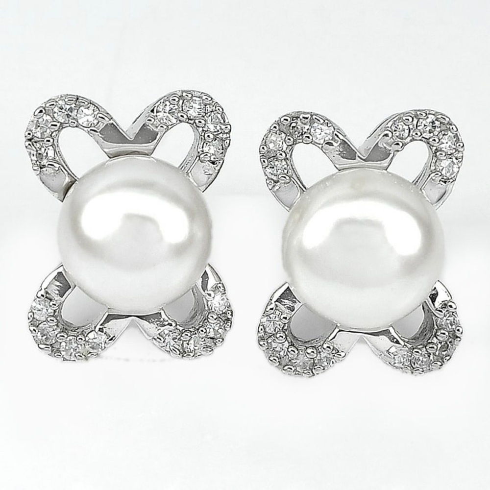 Natural White Pearl 925 Sterling Silver Earrings 4.63 G.